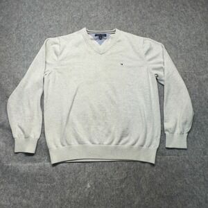 Tommy Hilfiger Men's XL V-Neck Sweater Grey Preppy Classic British Style Cotton